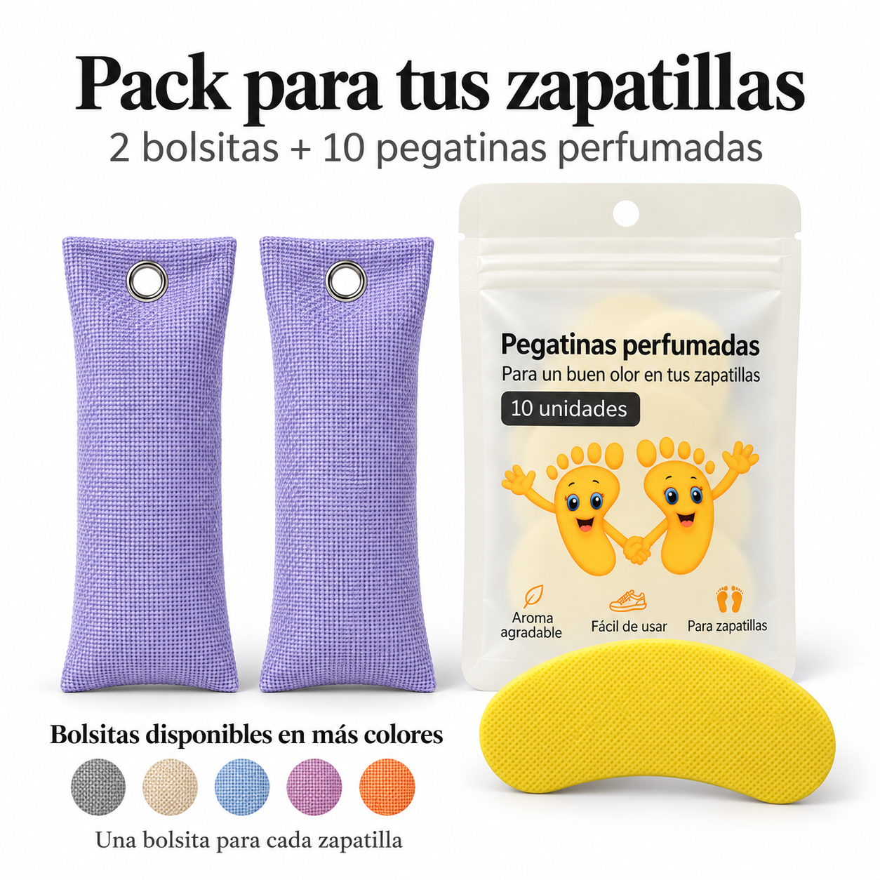 Pack de dos bolsitas y una bolsa con 10 pegatinas perfumadas para zapatillas