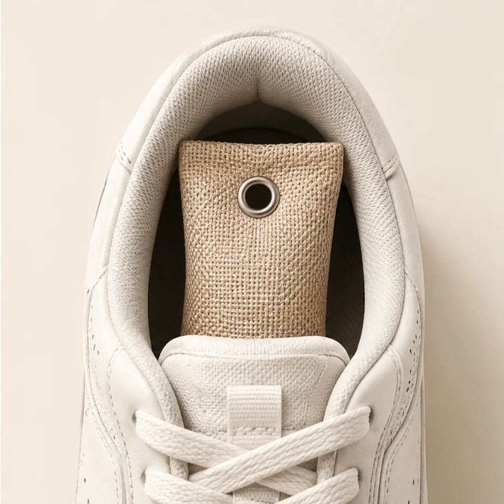 Bolsita antiolor de carbón de bambú color beige dentro de una zapatilla blanca
