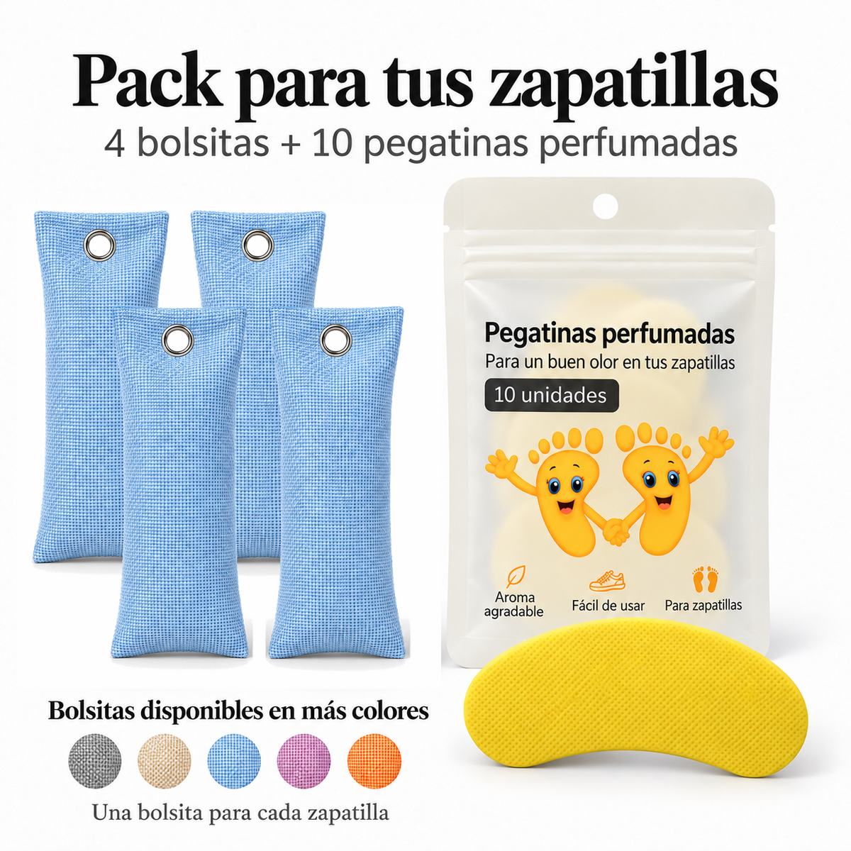 Pack de 4 bolsitas antiolor de carbón de bambú color azul y 10 pegatinas perfumadas de limón