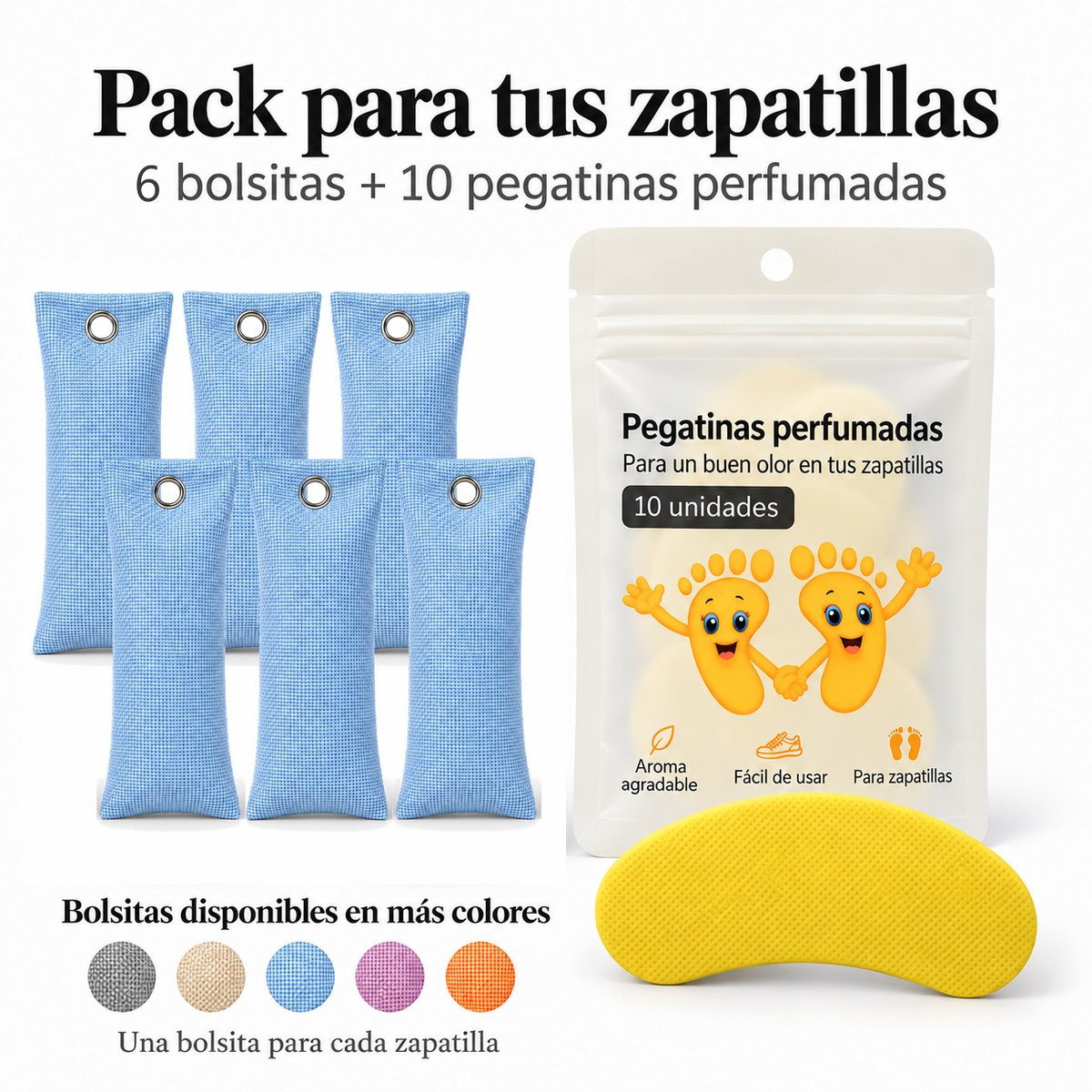 Pack de 6 bolsitas antiolor de carbón de bambú color azul y 10 pegatinas perfumadas de limón