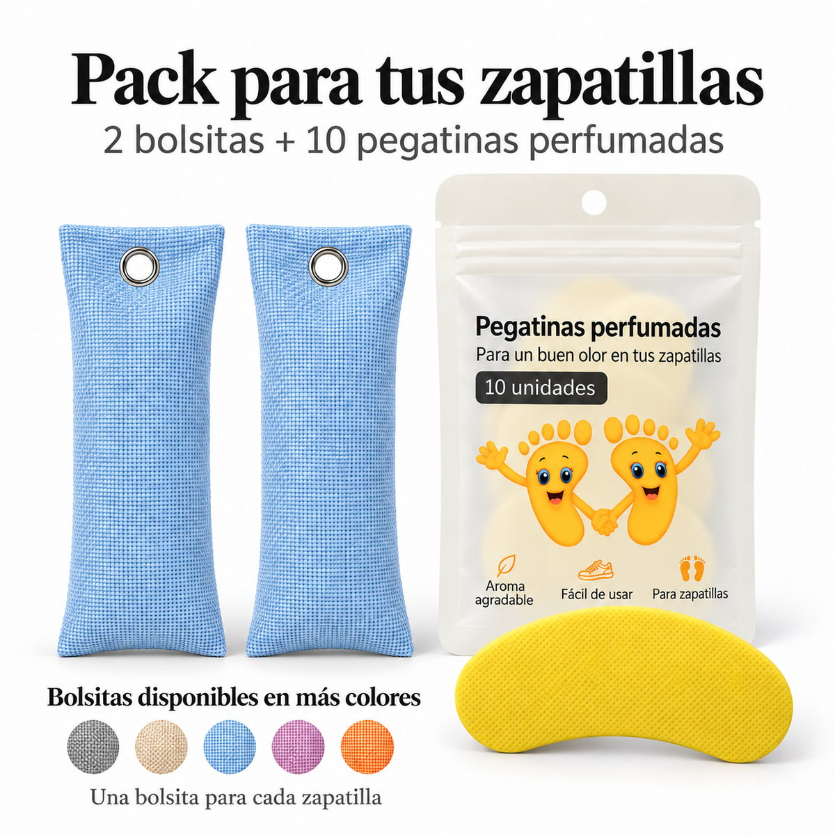 Pack de 2 bolsitas antiolor de carbón de bambú color azul y 10 pegatinas perfumadas de limón para zapatillas