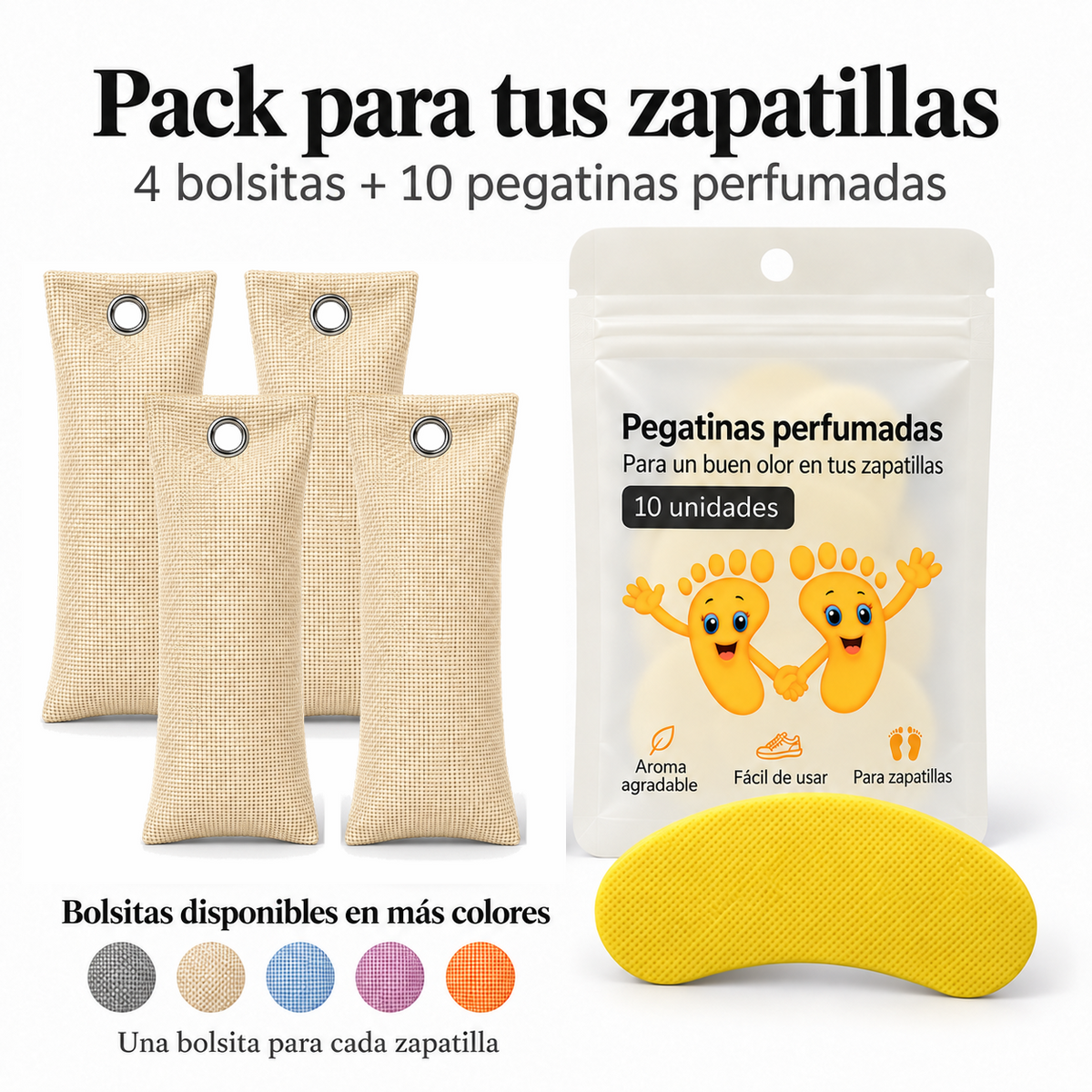 Pack de 4 bolsitas antiolor de carbón de bambú color beige y 10 pegatinas perfumadas de limón