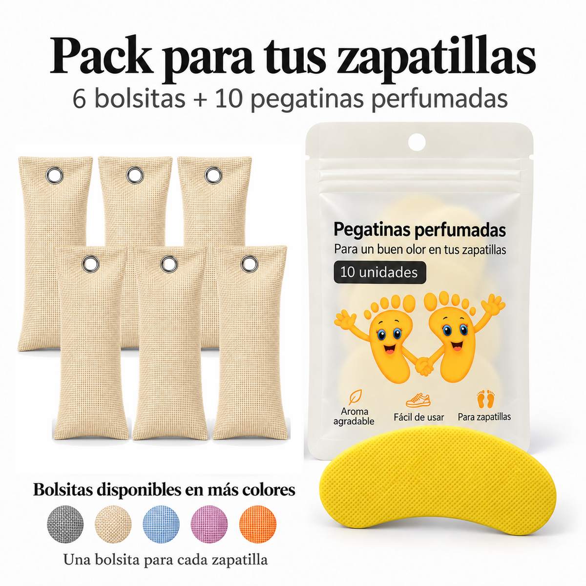 Pack de 6 bolsitas antiolor de carbón de bambú color beige y 10 pegatinas perfumadas de limón