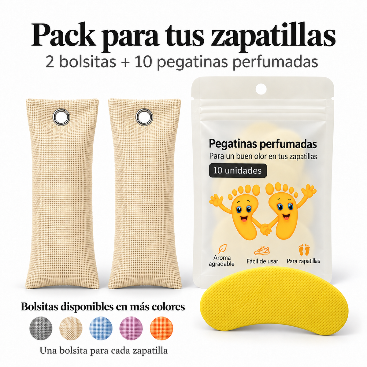 Pack de 2 bolsitas antiolor de carbón de bambú color beige y 10 pegatinas perfumadas de limón para zapatillas