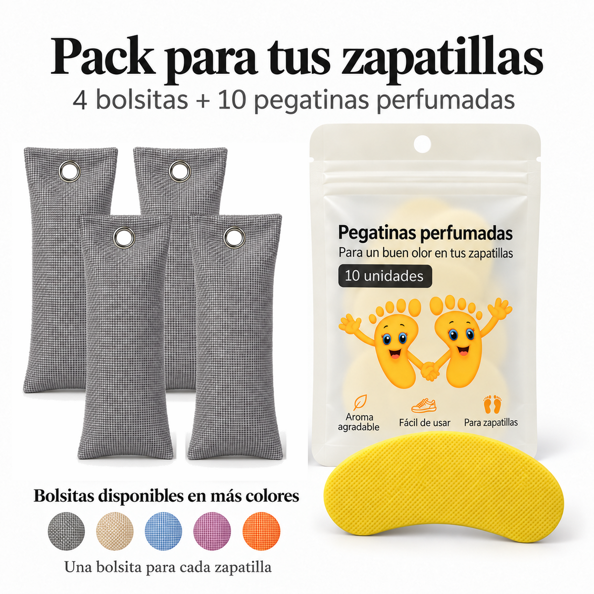 Pack de 4 bolsitas antiolor de carbón de bambú color gris y 10 pegatinas perfumadas de limón