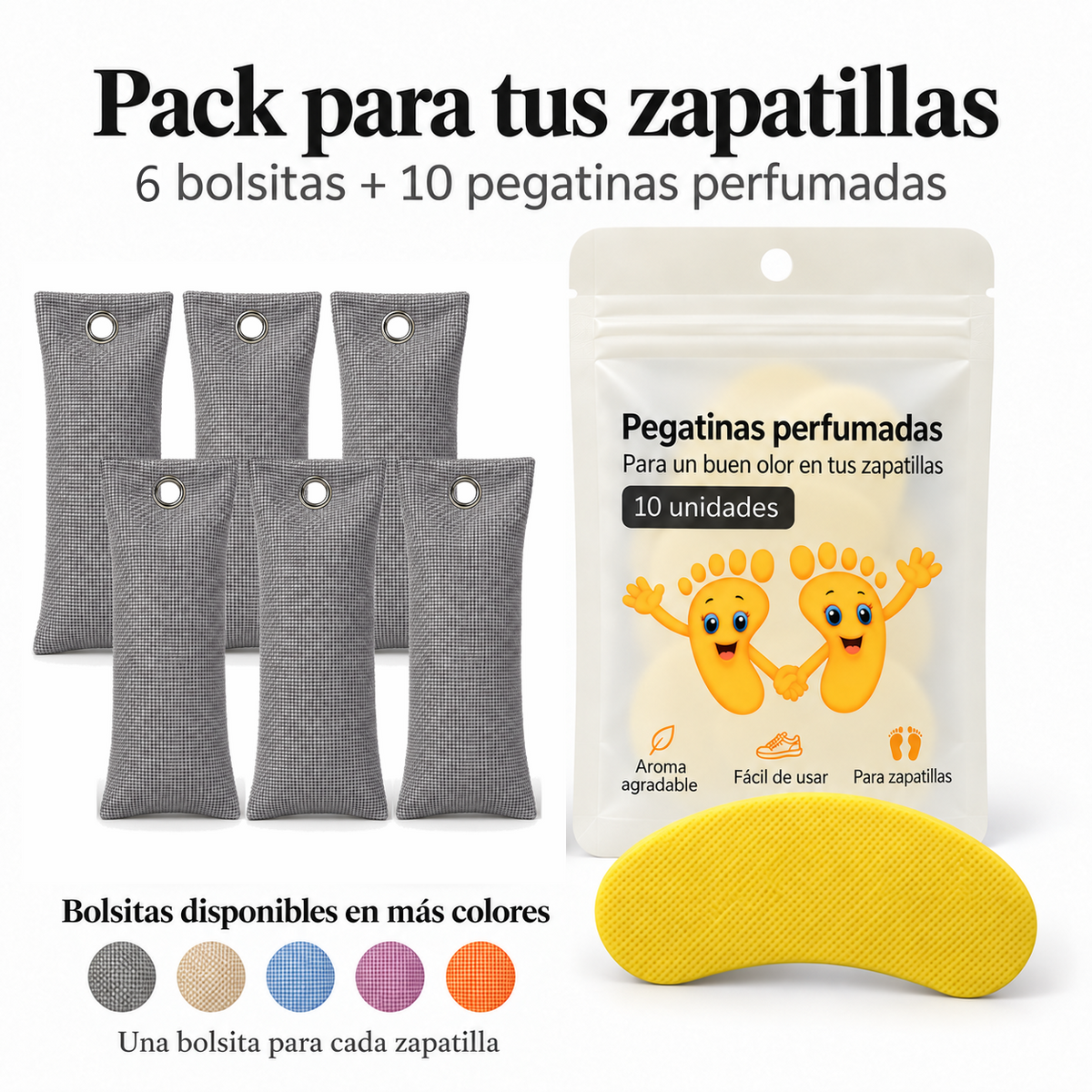 Pack de 6 bolsitas antiolor de carbón de bambú color gris y 10 pegatinas perfumadas de limón