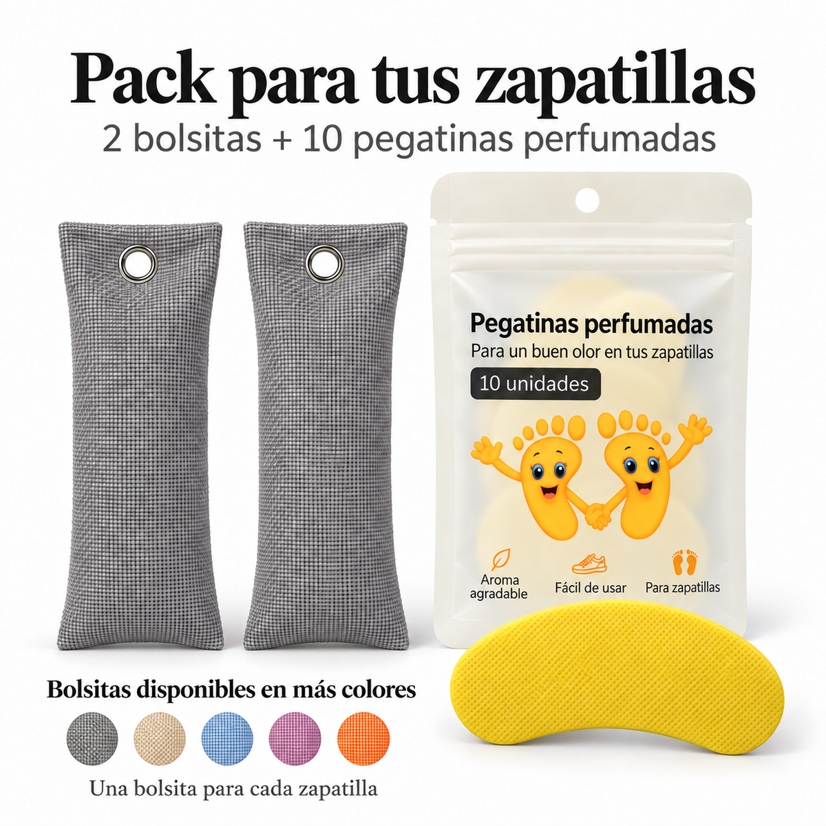 Pack de 2 bolsitas antiolor de carbón de bambú color gris y 10 pegatinas perfumadas de limón para zapatillas