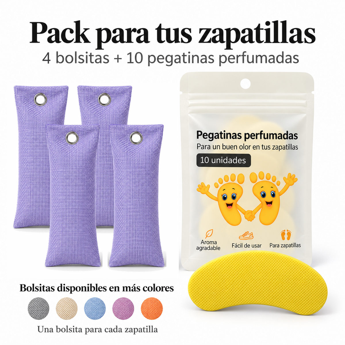 Pack de 4 bolsitas antiolor de carbón de bambú color lila y 10 pegatinas perfumadas de limón
