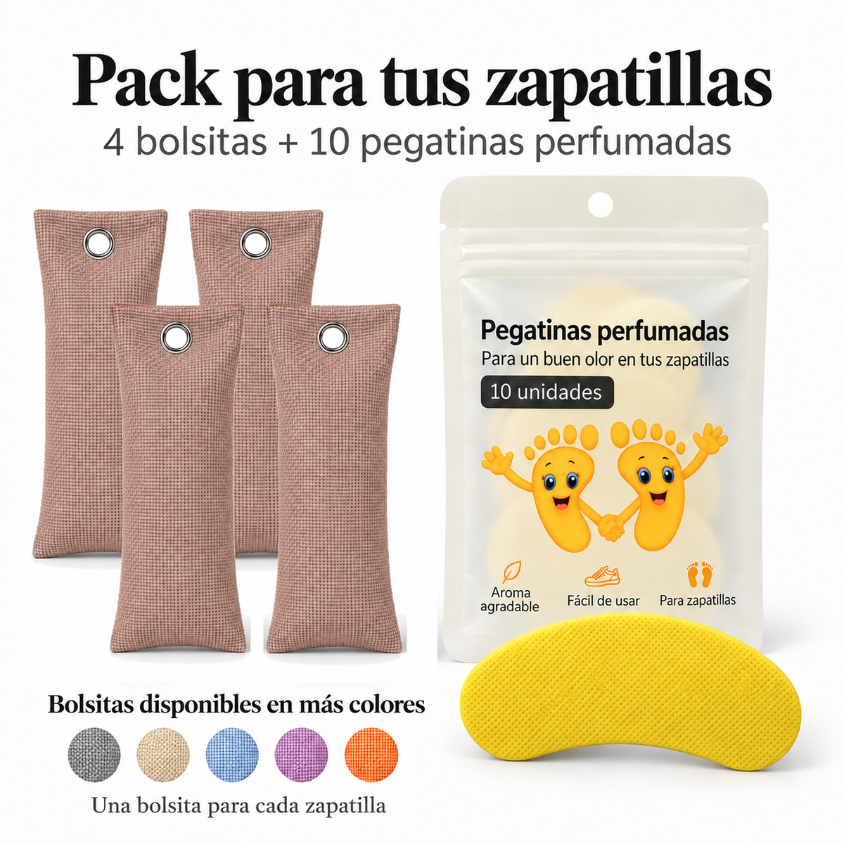 Pack de 4 bolsitas antiolor de carbón de bambú color marrón y 10 pegatinas perfumadas de limón