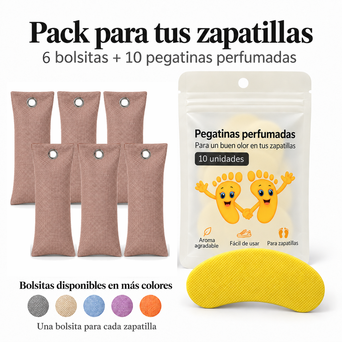 Pack de 6 bolsitas antiolor de carbón de bambú color marrón y 10 pegatinas perfumadas de limón