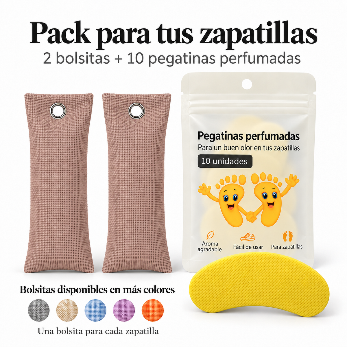 Pack de 2 bolsitas antiolor de carbón de bambú color marrón y 10 pegatinas perfumadas de limón para zapatillas