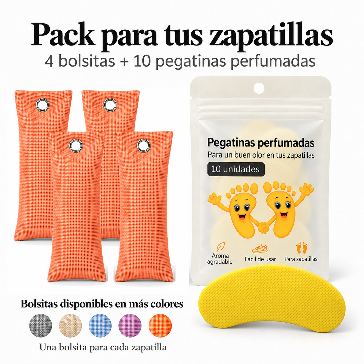 Pack de 4 bolsitas antiolor de carbón de bambú color naranja y 10 pegatinas perfumadas de limón
