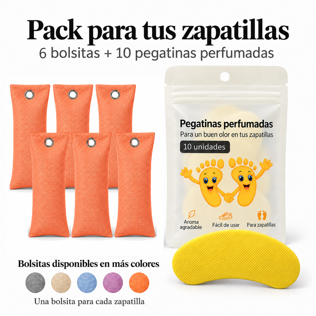 Pack de 6 bolsitas antiolor de carbón de bambú color naranja y 10 pegatinas perfumadas de limón