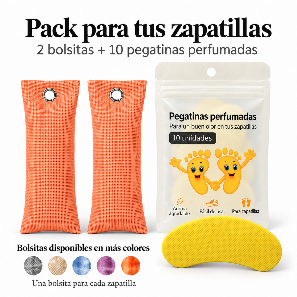 Pack de 2 bolsitas antiolor de carbón de bambú color naranja y 10 pegatinas perfumadas de limón para zapatillas
