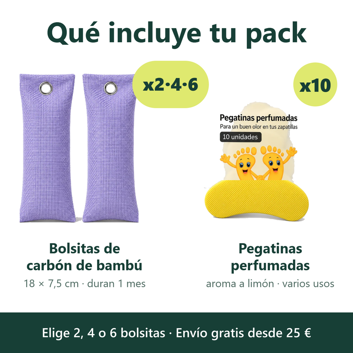 Qué incluye el pack: 2, 4 o 6 bolsitas de carbón de bambú y 10 pegatinas perfumadas con aroma a limón