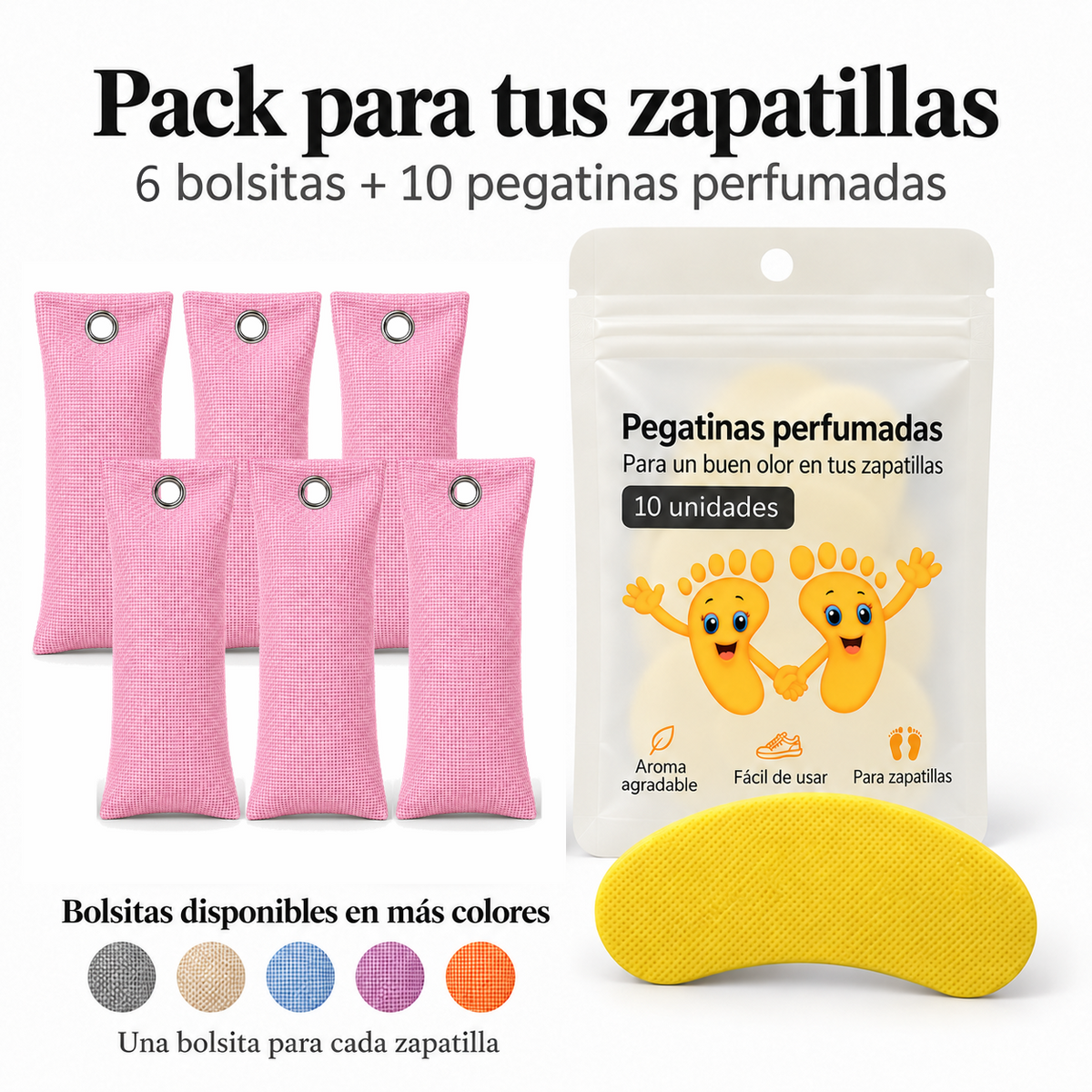 Pack de 6 bolsitas antiolor de carbón de bambú color rosa y 10 pegatinas perfumadas de limón