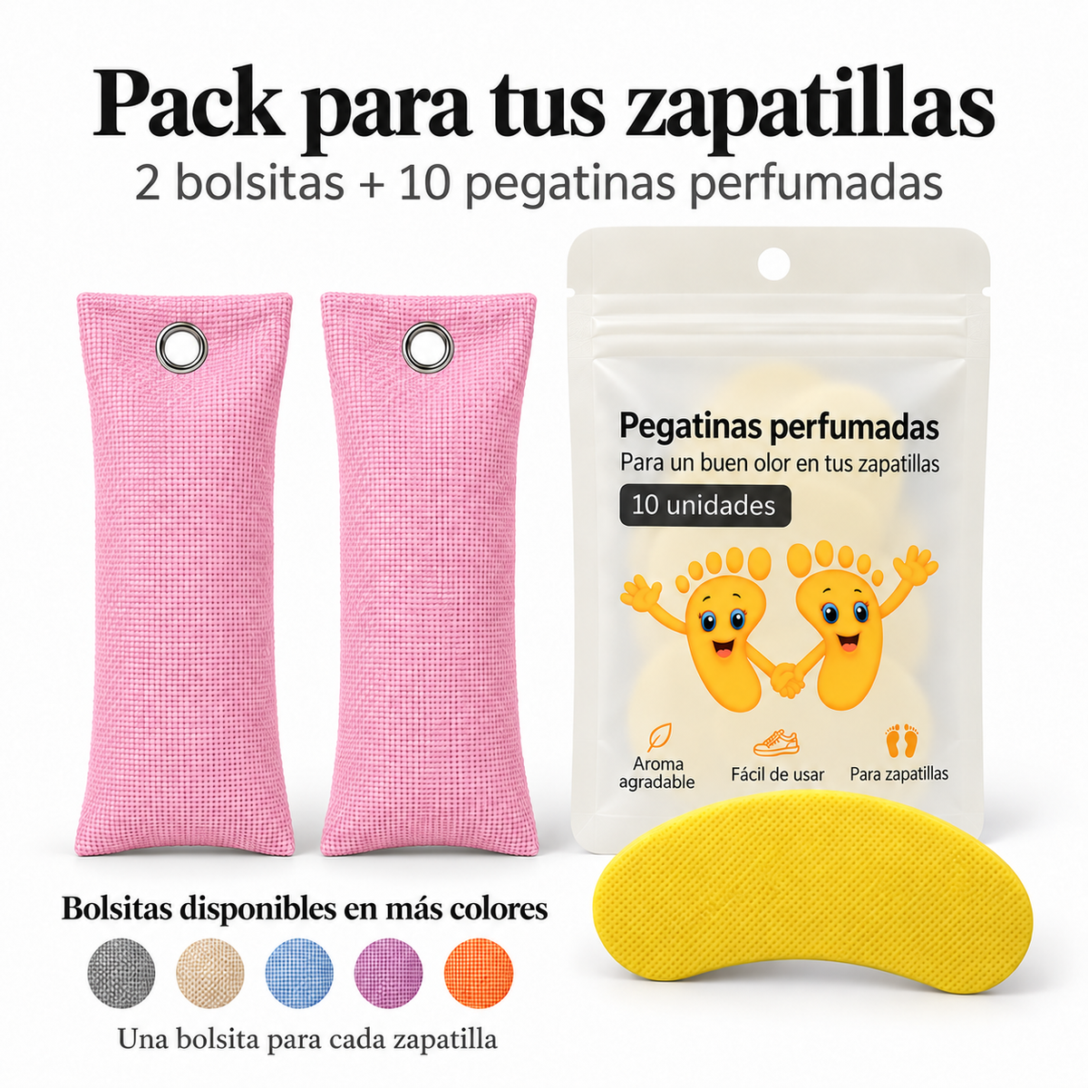 Pack de 2 bolsitas antiolor de carbón de bambú color rosa y 10 pegatinas perfumadas de limón para zapatillas