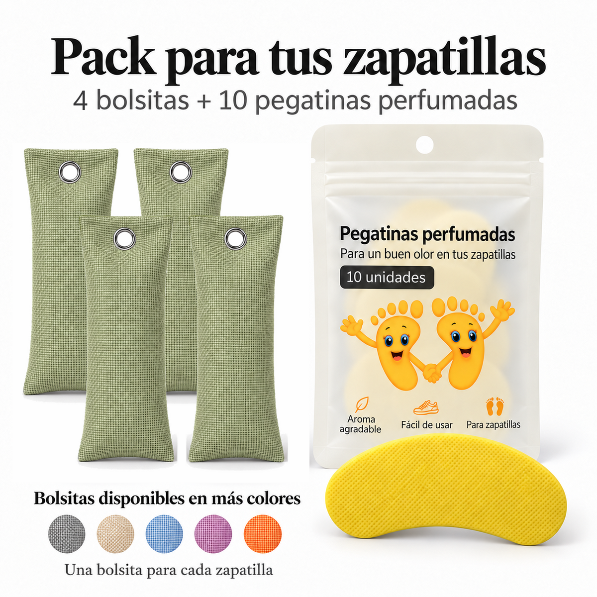 Pack de 4 bolsitas antiolor de carbón de bambú color verde y 10 pegatinas perfumadas de limón