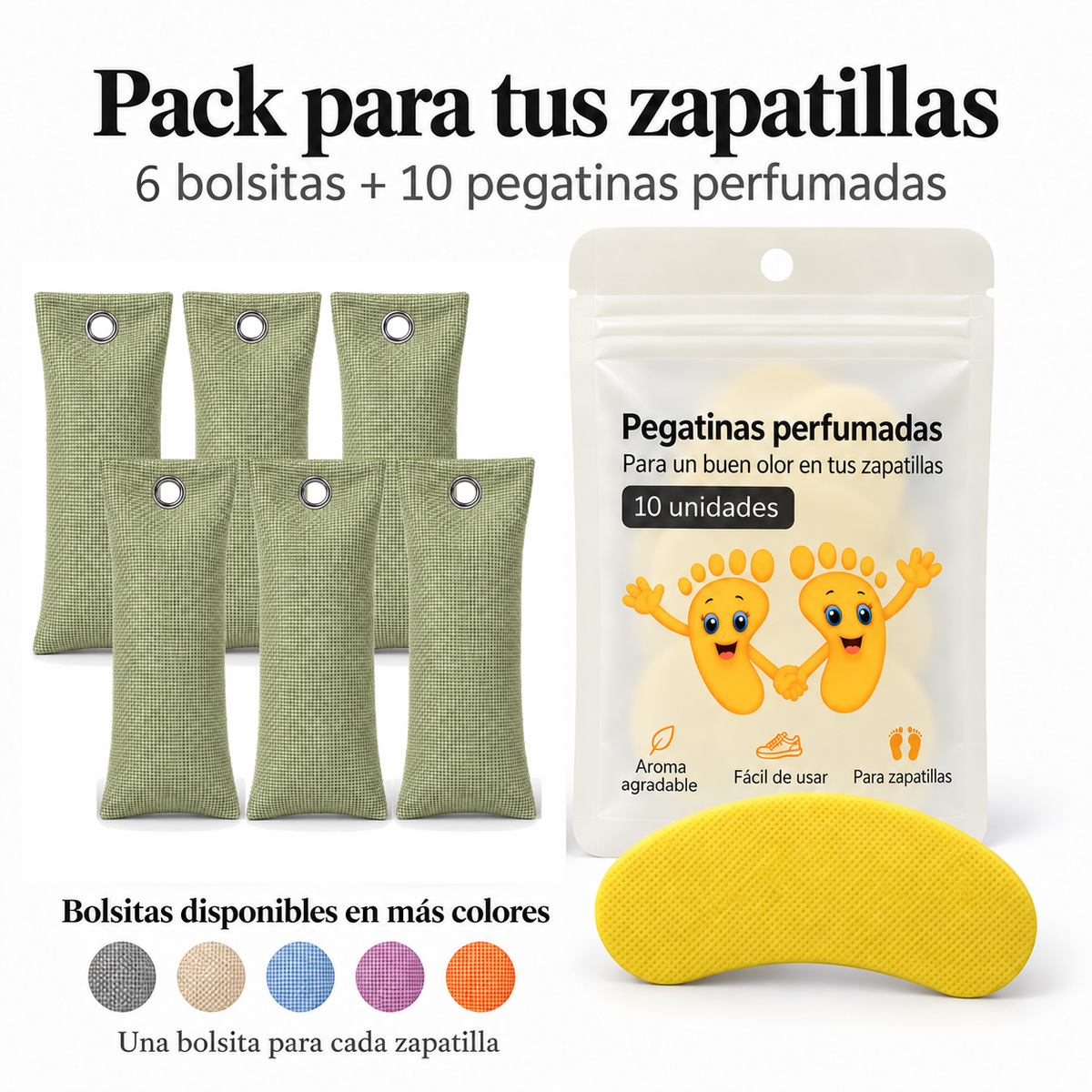 Pack de 6 bolsitas antiolor de carbón de bambú color verde y 10 pegatinas perfumadas de limón