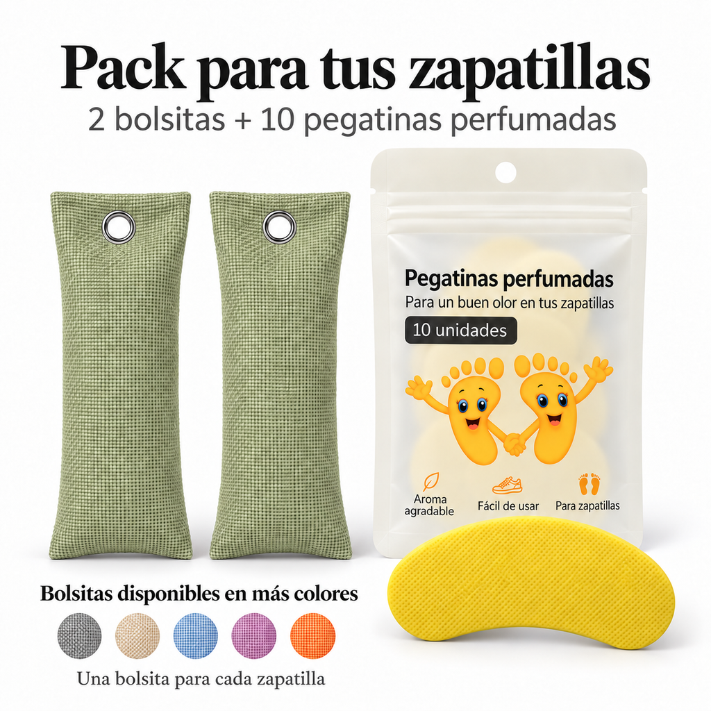 Pack de 2 bolsitas antiolor de carbón de bambú color verde y 10 pegatinas perfumadas de limón para zapatillas
